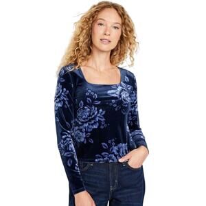 Old Navy Fitted Square-Neck Velvet Top Size S Y2K Navy Floral Romantic Goth NWT